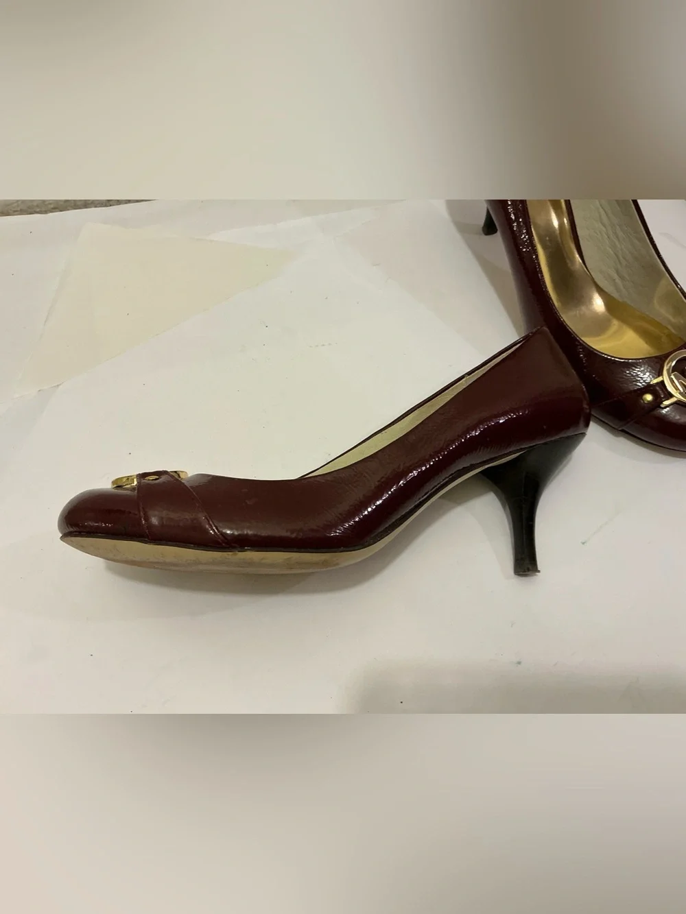 Michael Kors Burgundy Patent Leather Mid-Heel Pumps with Gold MK Emblem